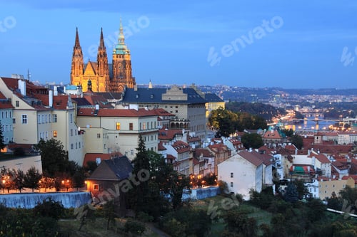 Preview: The View On Bright Prague With Gothic Castle After Sunset, Czech Republic