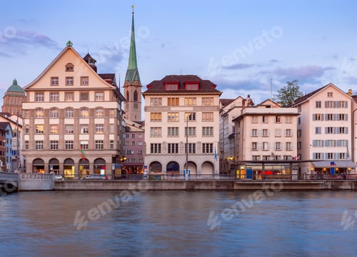 Preview: View Of The Facades Of Old Medieval Houses On The City Promenade At Dawn. Zurich. Switzerland.