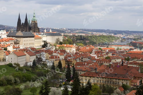 Vista previa: Spring Prague City With Gothic Castle With The Green Nature And Flowering Trees, Czech Republic