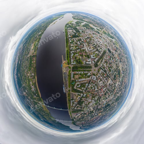 Preview: Yaroslavl, Russia. Volzhskaya Embankment. Cloudy Weather. Aerial View. 360 Degree Aerial Panoramic