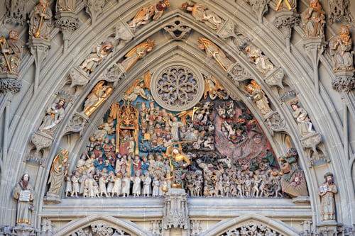 Preview: Bern, Switzerland. Portal Above The Entrance To Berne Cathedral (Berner Münster). Decorated With
