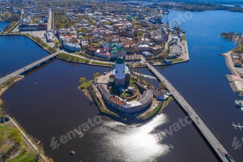 Preview: Vyborg Castle In The Cityscape On A Sunny May Day (Aerial Photography). Vyborg, Russia