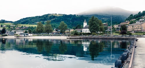 Preview: Misty Summer View Of Oystese Village, Hamlagro Region, Norvay, Europe. Great Morning Scene Of