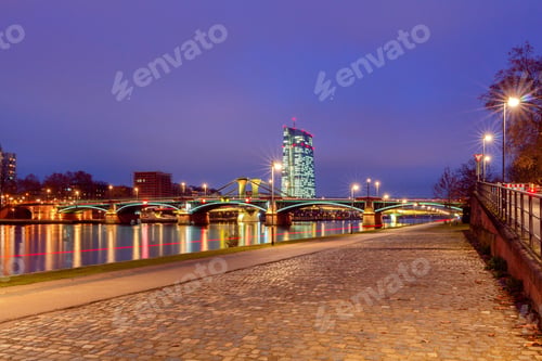 Preview: Picturesque Views Of The City'S Waterfront And Skyscrapers At Night In Frankfurt. Germany.