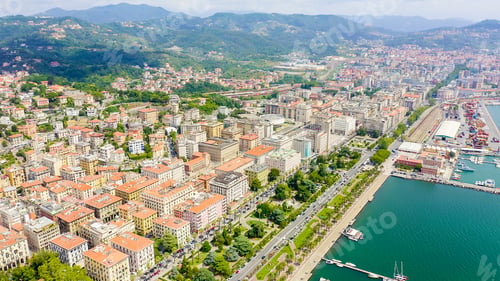 Preview: La Spezia, Italy. Flight Along The Coast, Viale Italia Street. View From Above, Aerial View
