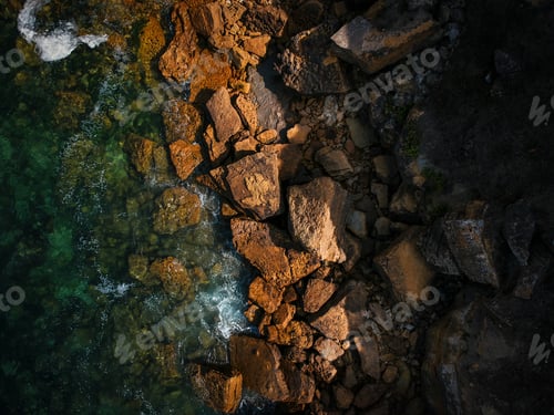 Preview: Aerial View Of Waves, Rocks And Transparent Sea. Summer Seascape. Top View From Drone. Rocky