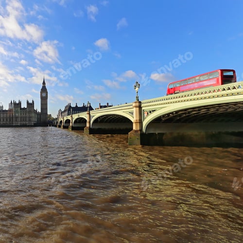 Preview: Red Bus At Westminster Bridge In London England