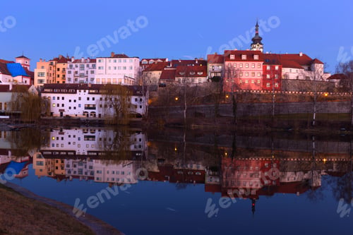 Preview: Night Winter Royal Medieval Town Pisek With The Castle Above The River Otava, Czech Republic