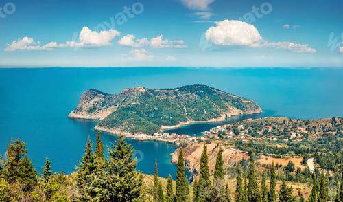 Preview: Aerial View Of The Asos Town From The Venetian Castle Ruins. Sunny Spring Seascape Of Ionian Sea