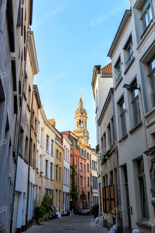Preview: Antwerp, Belgium. Street Overlooking The Bell Tower Of Saint Carolus Borromeus Church