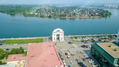Preview: Russia, Irkutsk. Moscow Gate. Landmark On The Embankment Of The Angara River, From Dron