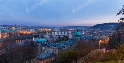 Preview: Night Prague City With Its Cathedrals, Towers And Bridges In The Christmas Time, Czech Republic