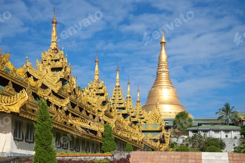 Preview: Gallery And The Stupa Of The Shwedagon Pagoda On A Sunny Day. Yangon, Myanmar