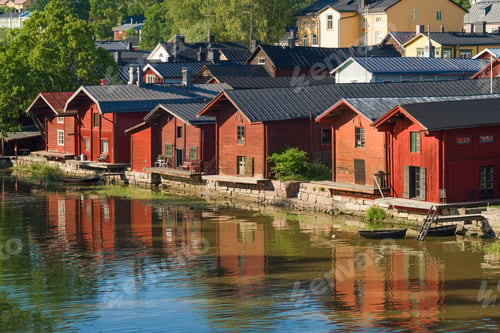 Preview: Old Red Barns On The Porvoonjoki River On A Sunny July Day. Porvoo City Symbol, Finland