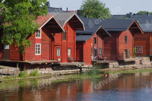 Preview: Old Wooden Barns On The River Bank Close Up On A Sunny July Afternoon. Porvoo, Finland