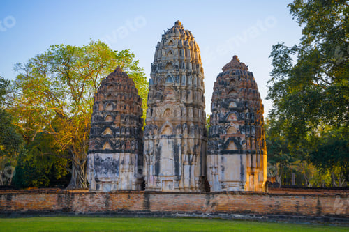 Preview: Three Khmer Prangs Of The Ancient Buddhist Temple Wat Si Sawai On A Sunny Evening. Sukhothai
