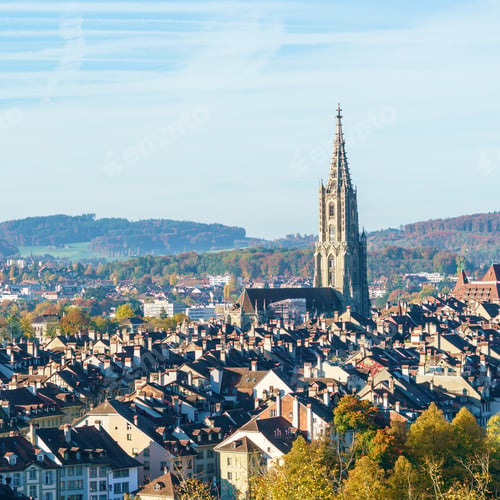 Preview: Aerial View Of Old City With Minster Gothic Cathedral, Bern, Switzerland