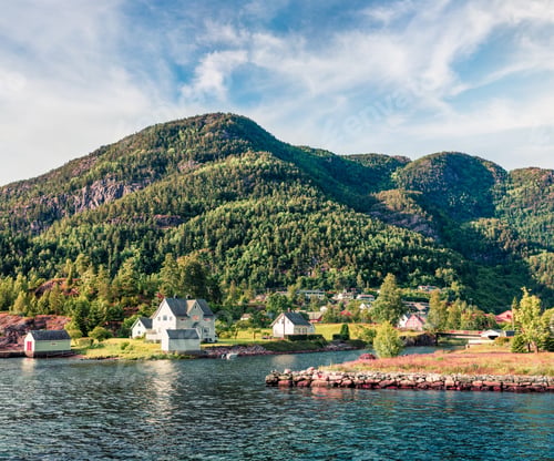 Preview: Sunny Summer View Of Typical Norwegian Village On The Shore Of Fjord. Bright Morning Scene Of