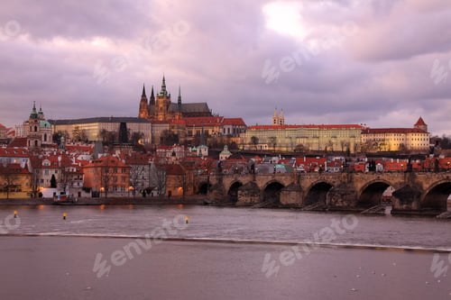 Preview: Prague Gothic Castle With Charles Bridge After Sunset, Czech Republic