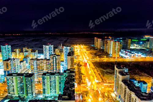 Preview: Yekaterinburg, Russia. A Wide Highway Lit By Lanterns With Pedestrian Walkways. Residential Area