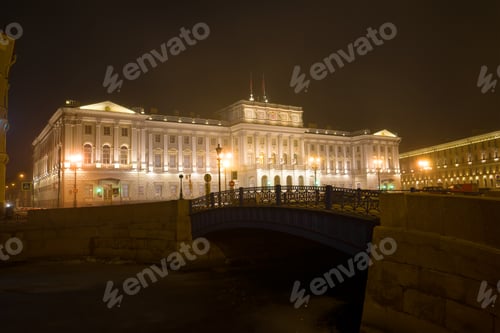 Preview: View Of The Mariinsky Palace On A Foggy March Night. Saint-Petersburg, Russia