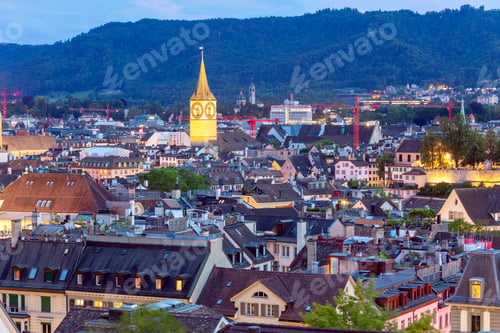 Preview: Scenic Aerial View Of The City At Sunset. Zurich. Switzerland.