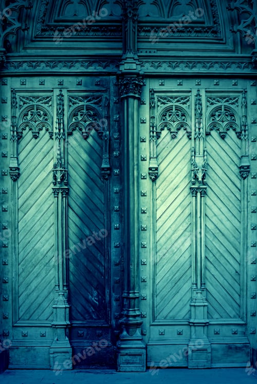 Preview: Burnt Wood Door In Gothic Cathedral Church