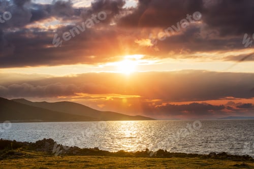 Preview: Scenic Colorful Sunset At The Sea Coast. Good For Wallpaper Or Background Image. Beautiful Nature