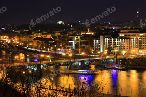 Preview: Winter Night Prague City Above River Vltava, Czech Republic