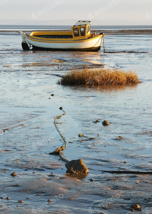 Preview: Yellow Boat On Sand At Low Tide