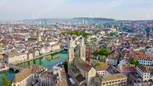 Preview: Zurich, Switzerland. Panorama Of The City From The Air. Limmat River Flow Point, Kvaybrucke Bridge