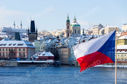 Preview: Snowy Prague Lesser Town With St. Nicholas' Cathedral In The Sunny Day, Czech Republic