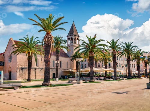 Preview: Bright Summer Cityscape Of Trogir. Empty Moning Street View Of Old Adriatic Town. Beautiful World