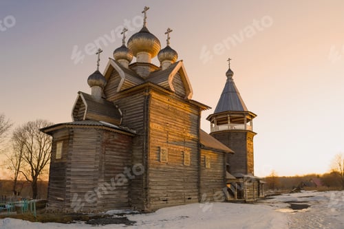 Preview: Old Wooden Church Of Dmitry Solunsky Myrrh-Streaming Close-Up In April Sunset. Leningrad Region
