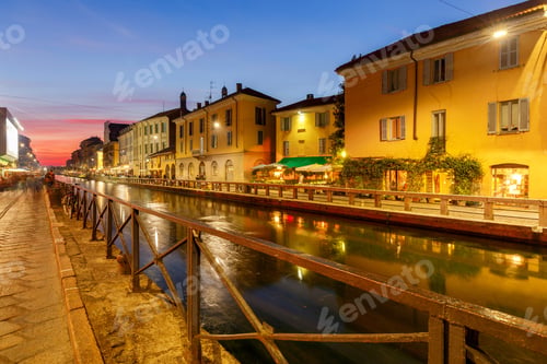 Preview: Milan. Canal Naviglio Grande At Sunset.