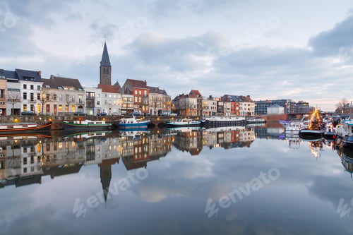 Preview: Pier Boats And Yachts On The River Leie In Ghentat At Sunset.