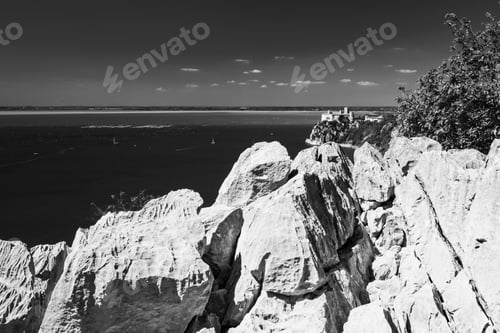 Preview: Gulf Of Trieste. High Cliffs Between Boats, Karst Rocks And Ancient Castles. Black And White