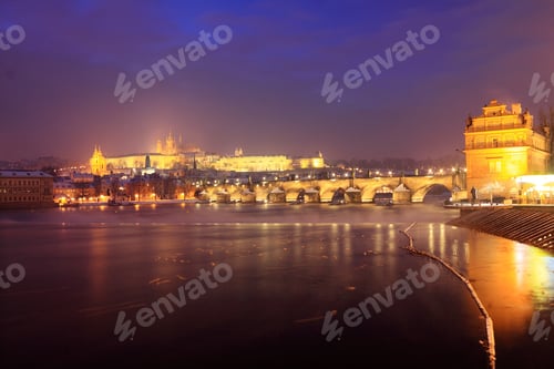 Preview: Freezy Foggy Night Snowy Prague With Gothic Castle And Charles Bridge