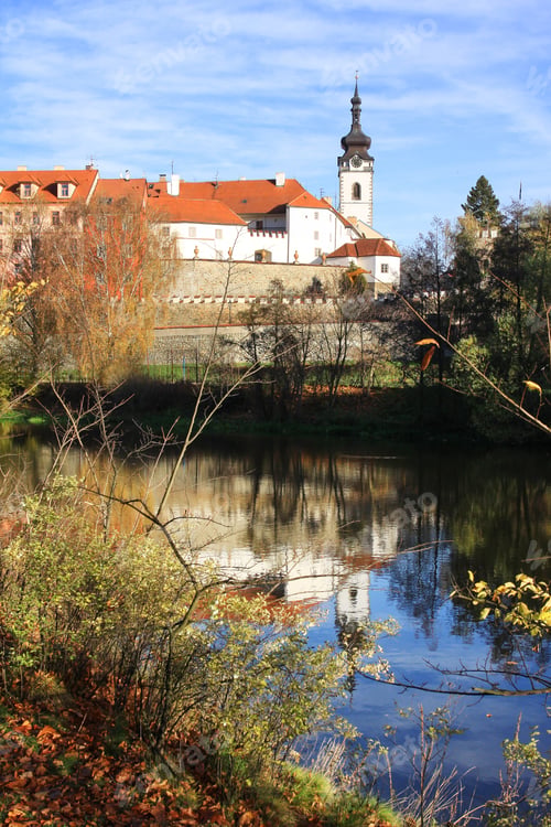 Preview: Colorful Autumn Medieval Town Pisek Above The River Otava With The Gothic Deanery Church, Czech