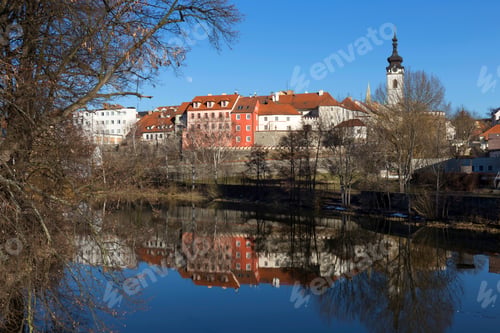 Preview: Sunny Winter Royal Medieval Town Pisek With The Castle Above The River Otava, Czech Republic