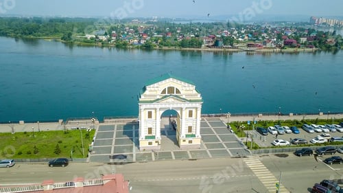 Preview: Russia, Irkutsk. Moscow Gate. Landmark On The Embankment Of The Angara River, From Dron