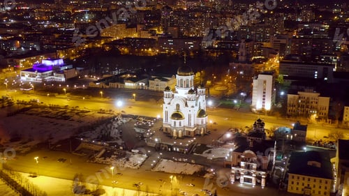 Preview: Ekaterinburg, Russia. Temple On The Blood. Night City In The Early Spring, Aerial View