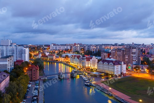 Preview: Morning. Central Part Of The City Of Kaliningrad, Embankment Of The Fish Village, Jubilee Bridge
