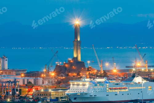 Preview: Aerial View Of The Sea Port With Night Lighting In Genoa At Sunset.