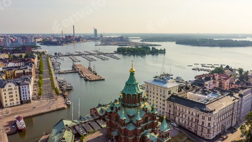 Preview: Helsinki, Finland. City Center Aerial View. Assumption Cathedral, From Drone