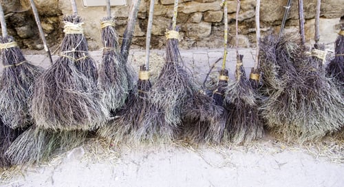 Preview: Old Wooden Brooms In Urban Street, Cleaning And Objects