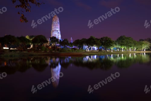Preview: Big Prang Of An Ancient Buddhist Temple Wat Phra Ram In The Night Landscape. Ayutthaya, Thailand