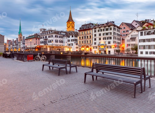 Preview: View Of The Facades Of Old Medieval Houses On The City Promenade At Dawn. Zurich. Switzerland.