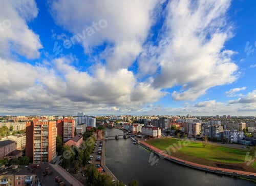 Preview: Cloudy Weather In Kaliningrad. River Pregolya, Embankment Of The Fish Village And The Jubilee