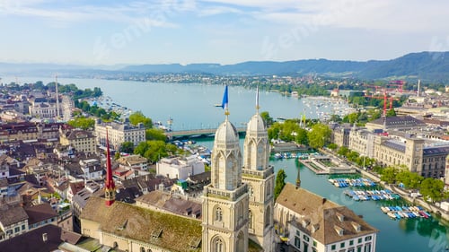 Preview: Zurich, Switzerland. Panorama Of The City From The Air. Limmat River Flow Point, Kvaybrucke Bridge
